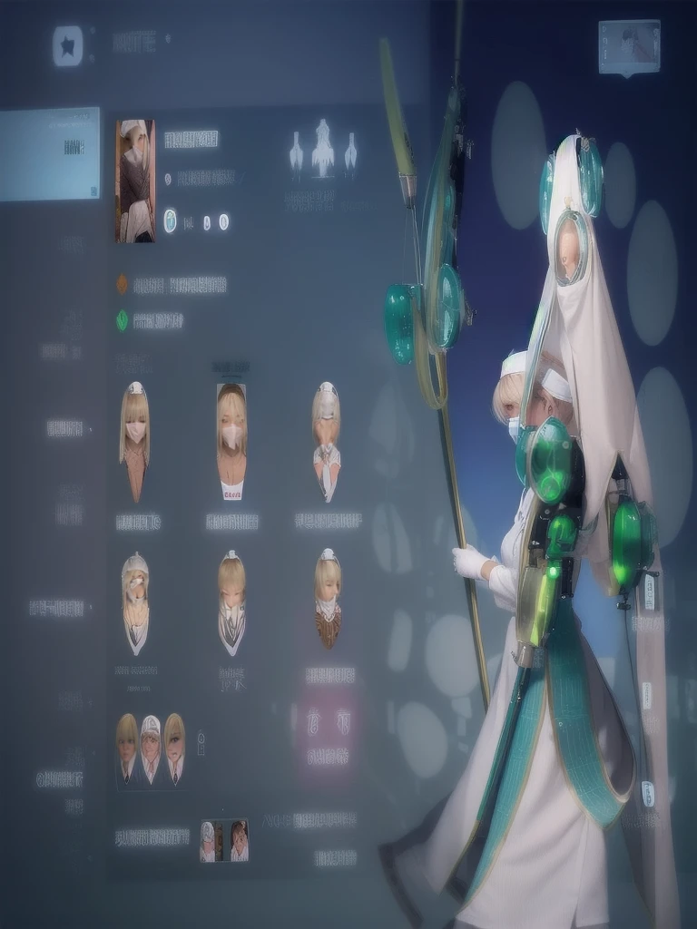 1womanl, Nurse, Nurse Cap, Whiteware, ((White legwear, zettai ryouiki)), White Gloves, Blonde hair, Blue eyes, ((White surgical mask, Cover the nose)), Standing, hospitals, sharp outline, Short sleeves, a matural female, 35 year old, Best Quality, masutepiece