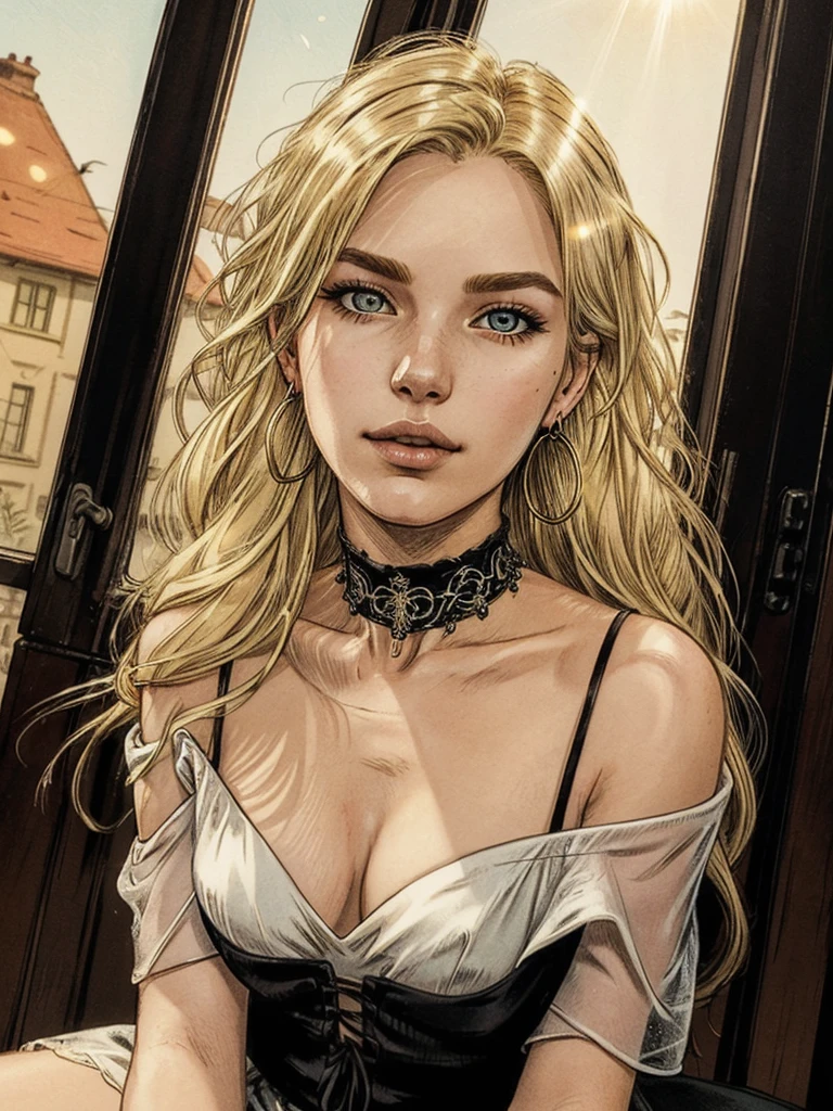 (best quality, masterpiece1.2), (detailed eye:1.2), intricate detail, depth of field, 20 years old girl, sitting, off shoulder, backlight, sunlight, (blonde, long hair:1.2), see-through, looking at viewer, earrings, hair ornament, choker, wind, lens flare, cleavage, sultry look, seductive,