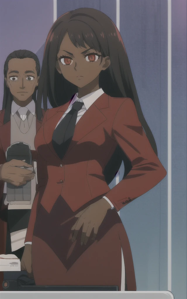 Dark skinned business women in a red blazer skirt suit with a blouse underneath 