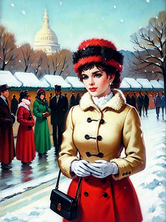woman, furcoat, winter, snow, snowfall, style of Francois Gerome