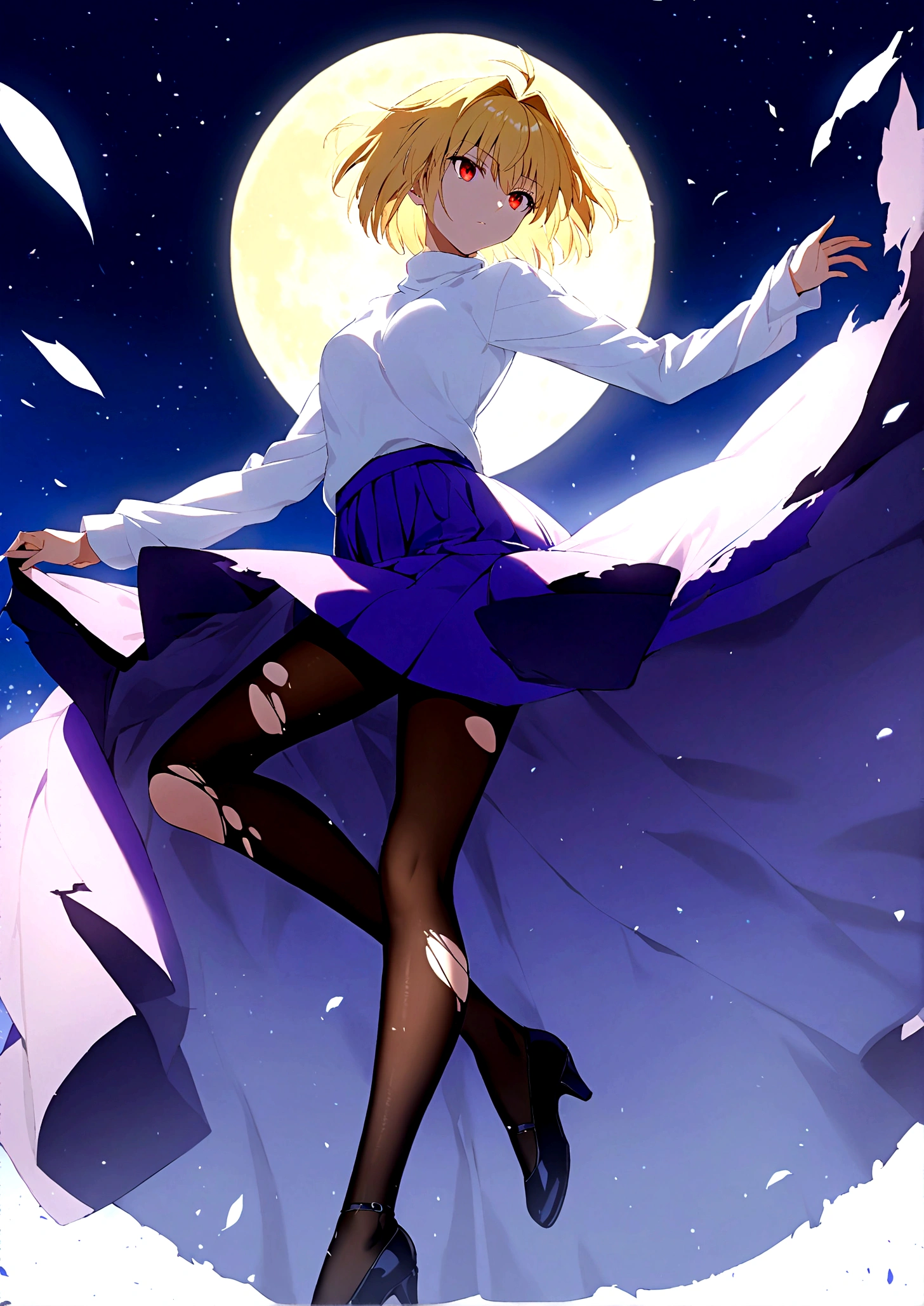 vampire girl on top of blue sky and behind full moon surrounded by night sky, arcueid brunestud, 1girl, solo, long skirt, blonde hair, skirt, moon, short hair, sweater, full moon, red eyes, pantyhose, torn clothes, purple skirt,arcueid