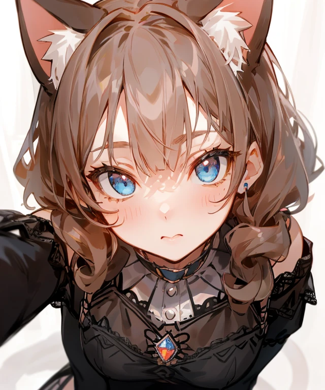 Start from the waist up, Honey, 1 girl, ((solitary)), ((Solitary)), （（（White skin, Curly black hair, Symmetrical hairstyle, (Cat ears),Water blue eyes）））, Like a gem, , (Lace Off-shoulder Suspender Dress), masterpiece, high quality， Close-up view