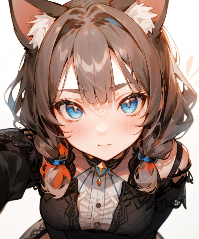 Start from the waist up, Honey, 1 girl, ((solitary)), ((Solitary)), （（（White skin, Curly black hair, Symmetrical hairstyle, (Cat ears),Water blue eyes）））, Like a gem, , (Lace Off-shoulder Suspender Dress), masterpiece, high quality， Close-up view