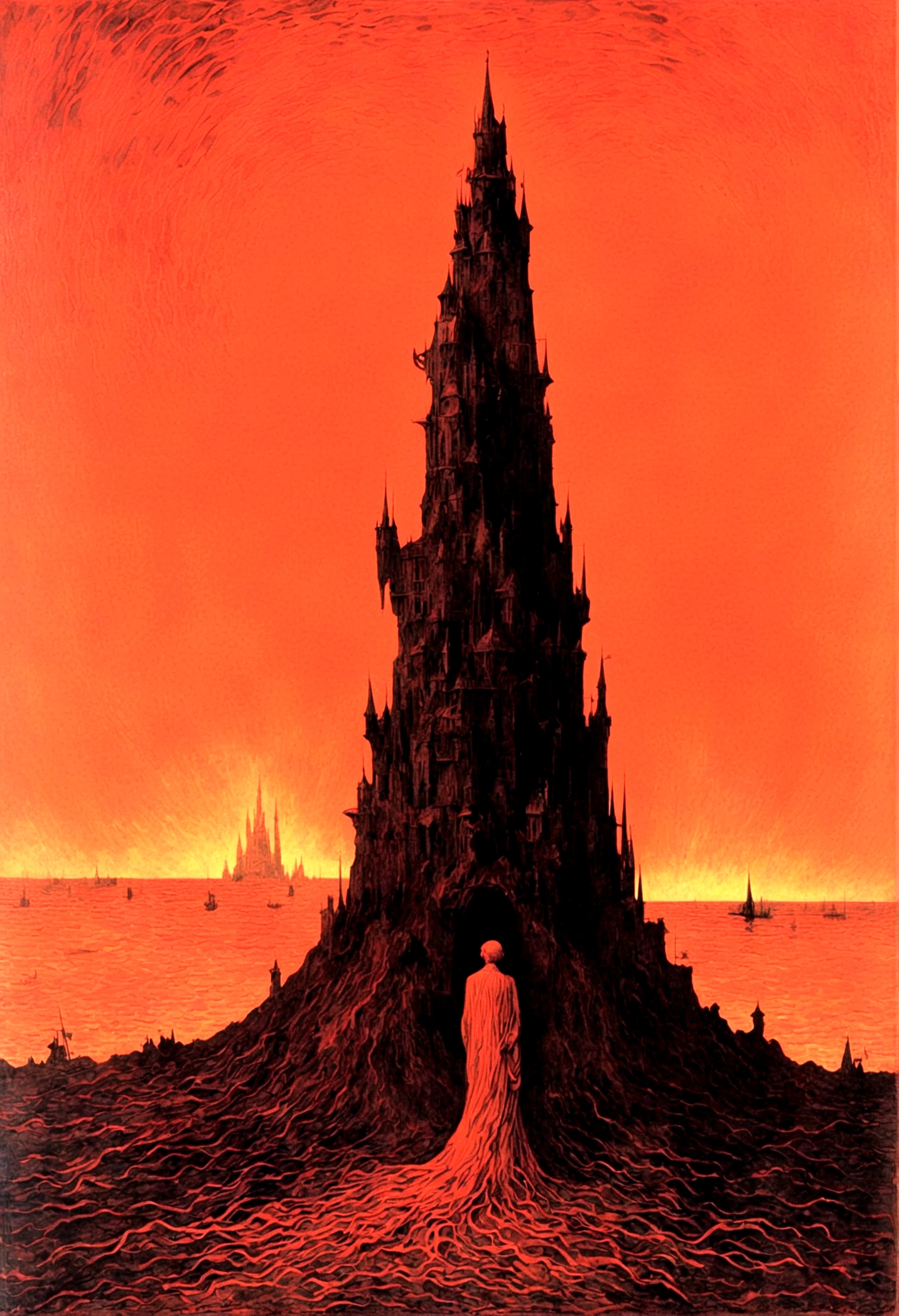Mythical creatures, author:Zdzislaw Beksiński and Vincent Van Gogh, Album cover, romantic, Surrealism, Futuristic ,微笑むredちゃん, Coral, Wizard, dark, red
