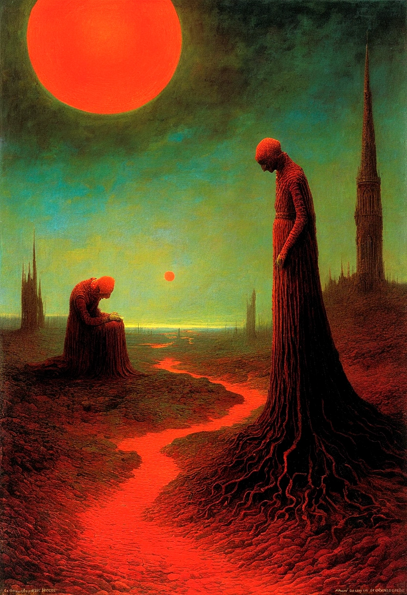 Mythical creatures, author：Zdzislaw Beksiński and Vincent Van Gogh, Album cover, romantic, Surrealism, Futuristic ,微笑むredちゃん, Coral, Wizard, dark, red