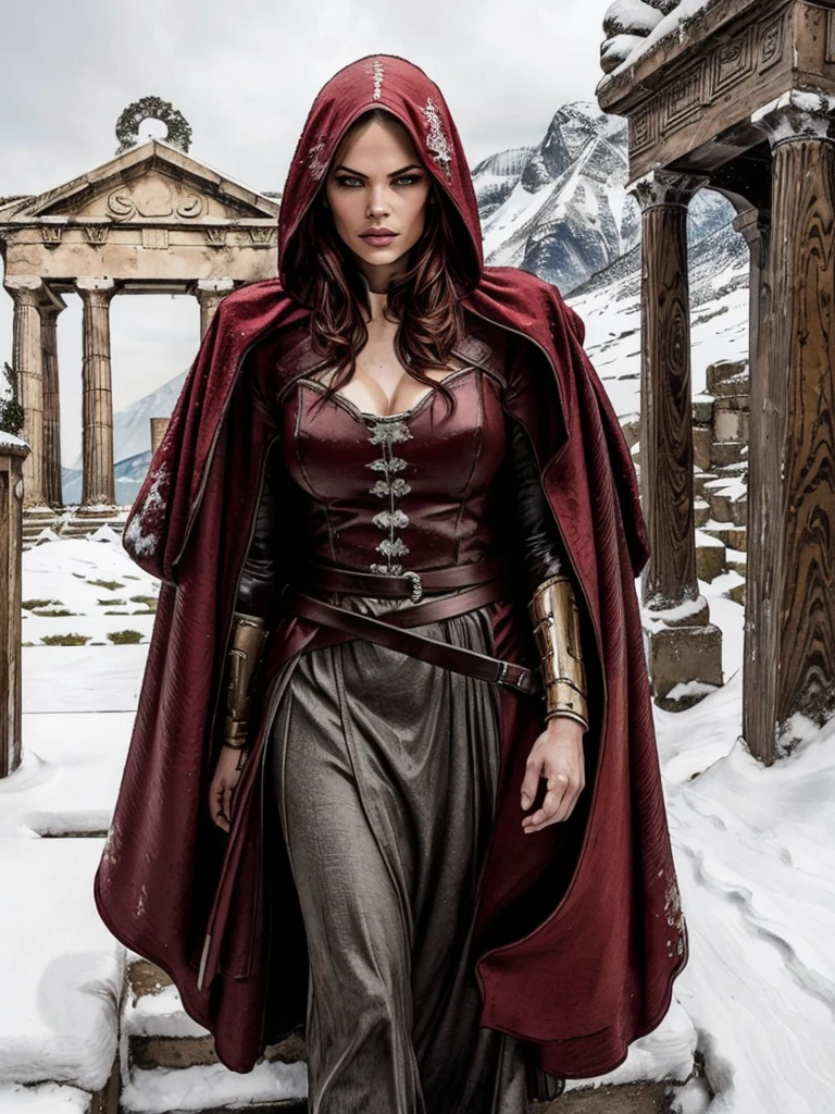 ​masterpiece, Best Quality, 4k, Background with:In front of the snow-covered stairs of a Greek temple with snow-capped mountains in the distance, valkyrie,dark red cloak, fiery silver hair, Fantasy, close up portrait photo, sultry look, seductive,
