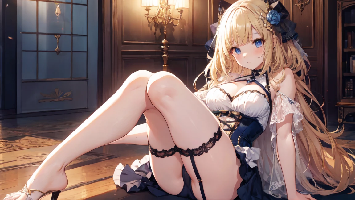 best quality，Super detailed，Perfect limbs，floor、mini skirt，Clothes with intricate details，Bright，Swimsuit，one person，blond，Sexy、Deep sleep、long hair、Stockings