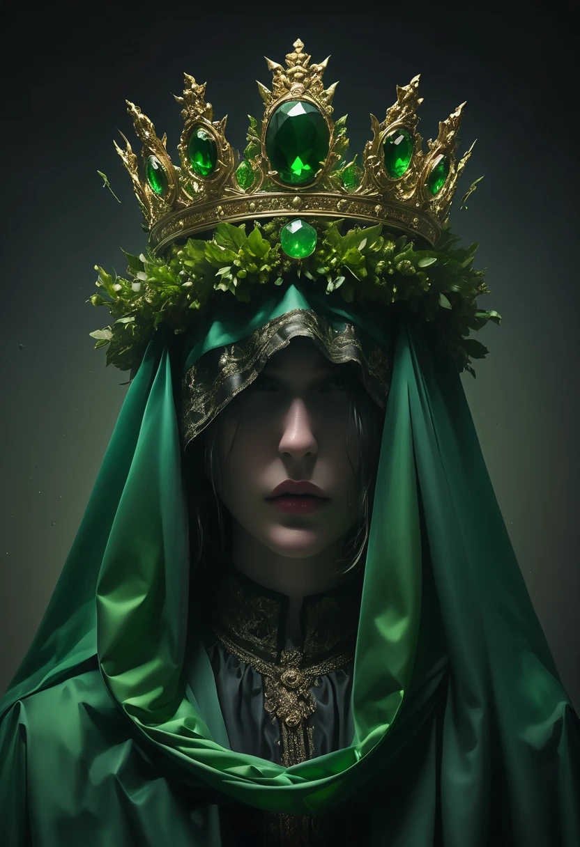 the man in the costume in an ad for topshop carries a green crown, in the style of conceptual sculptures, baroque chiaroscuro, guillem h. pongiluppi, exquisite detail, juliana nan, album covers, blink-and-you-miss-it detail 