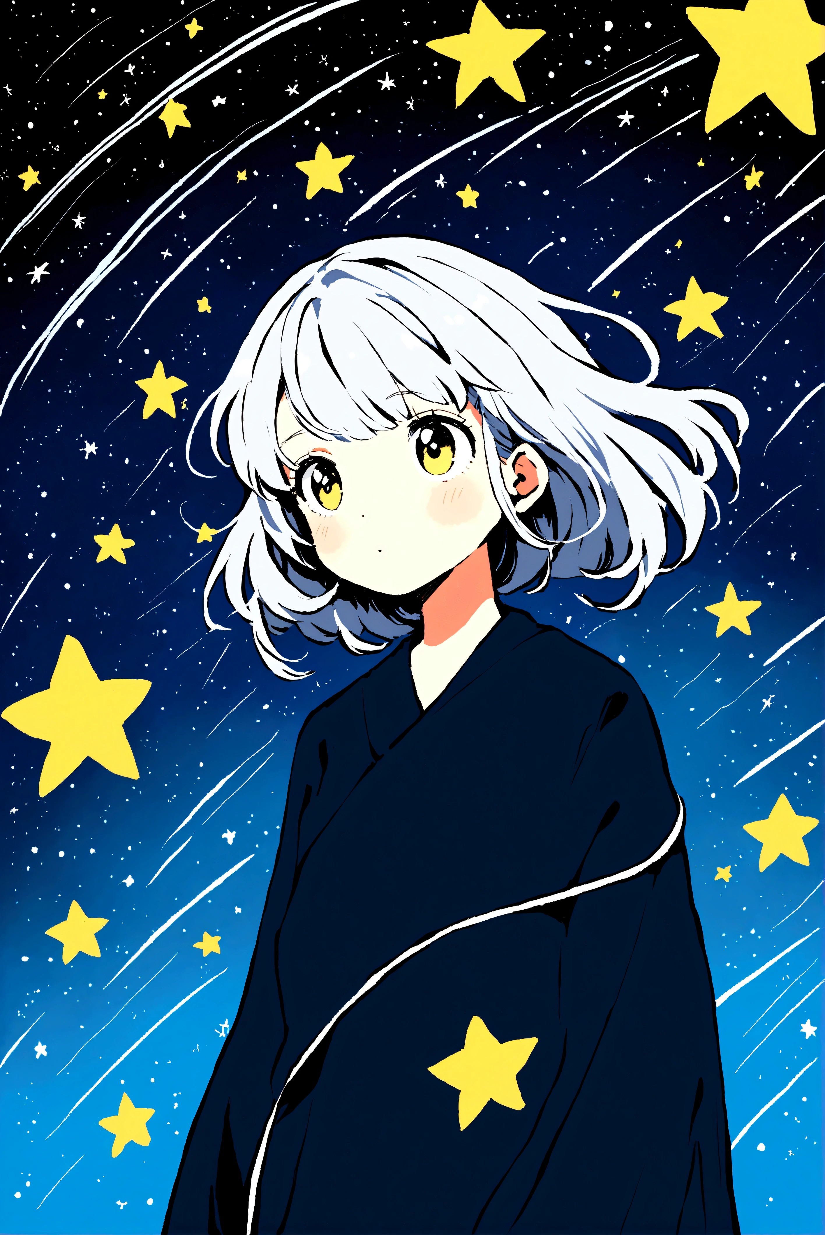 A silver-haired girl, Shooting star across the starry night sky.，Illustration style