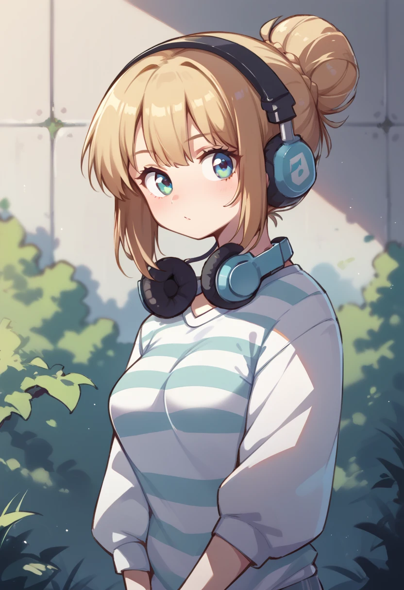 Curvy Women, White sweater, Hair Bun, Medium Hair, Striped shirt, Headphones