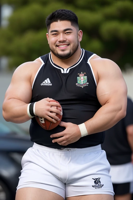 ((highest quality)), ((masterpiece)), (detailed), ((Perfect Face)), 4k, Shaved head, Young Japanese, Muscular, Fat body, Very big man, smile, ((showing off crotch))A large Japanese man topless、whole body、Rugby last week、Thick legs、Thick arm muscles、Intimidating、whole body、wearing a very tight black shorts