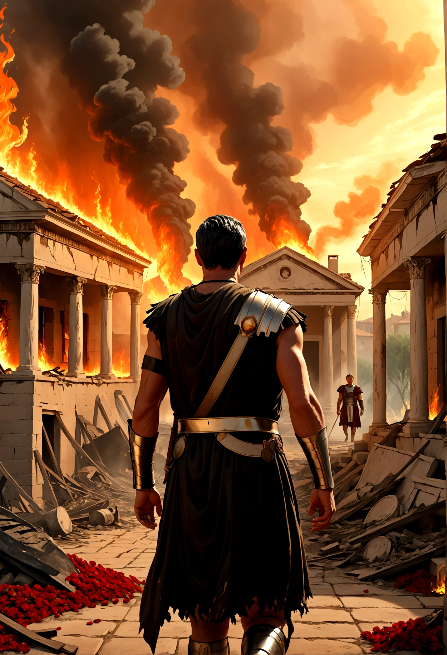 "A detailed image of Crassus, wearing a laurel wreath and Roman attire, walking away from a burning house. The distressed homeowner watches in despair as the flames and smoke engulf the property. The dramatic background highlights the ruthless nature of Crassus, emphasizing the destruction and the homeowner's helplessness."
Size: "1024x1024"