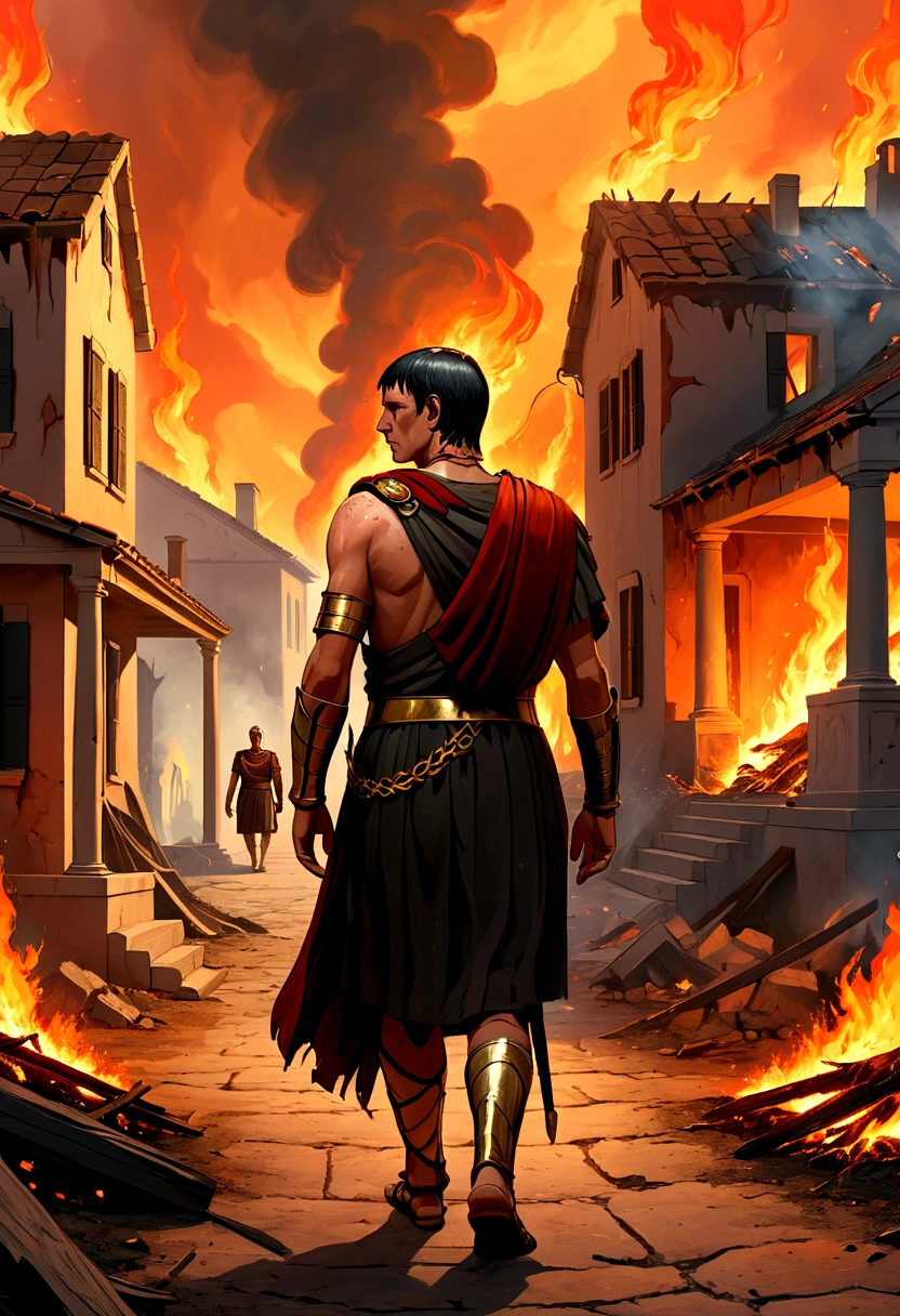 "A detailed image of Crassus, wearing a laurel wreath and Roman attire, walking away from a burning house. The distressed homeowner watches in despair as the flames and smoke engulf the property. The dramatic background highlights the ruthless nature of Crassus, emphasizing the destruction and the homeowner's helplessness."
Size: "1024x1024"