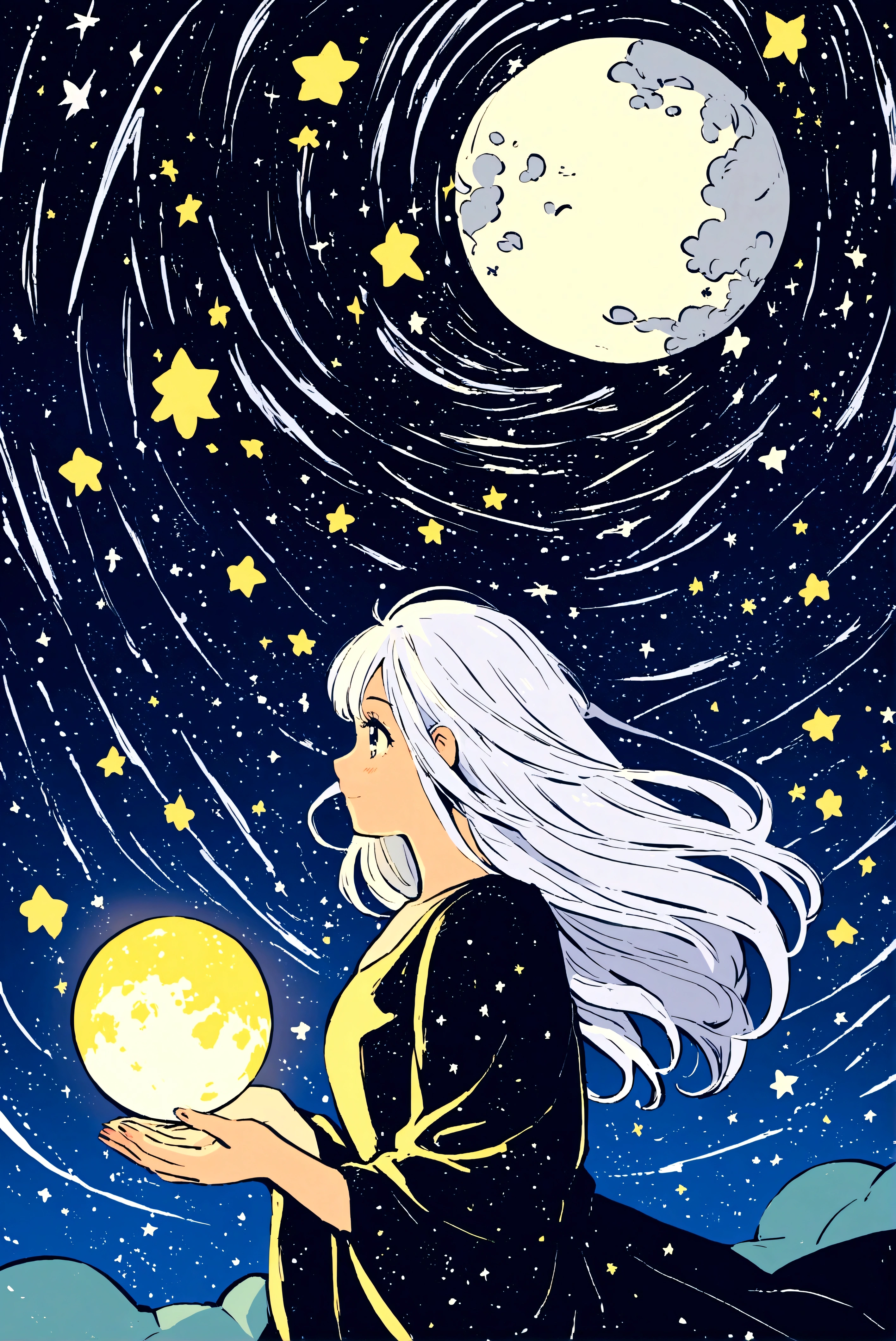 A silver-haired girl, Shooting star across the starry night sky.,Illustration style