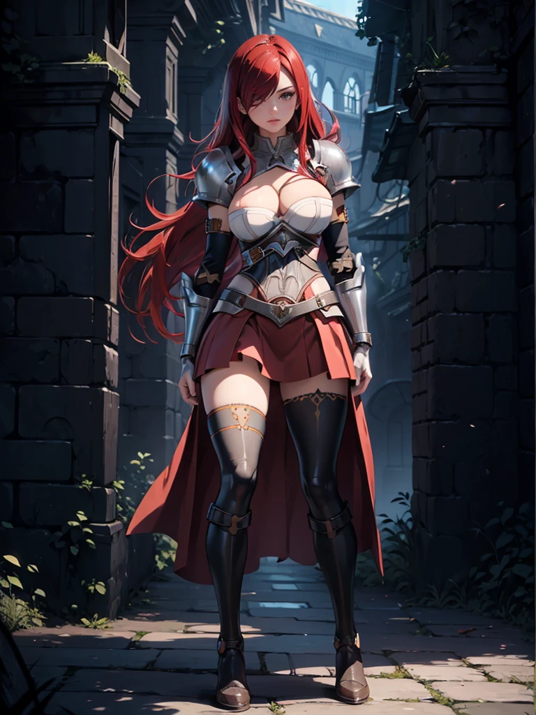 ((1girl, solo)), (((mature female))), beautiful body, (perfect anatomy, perfect body, perfect hands, perfect legs), (five fingers:1.5), natural proportions, sexy body, large breasts, cowboy shot BREAK
((extremely detailed face)), (beautiful detailed eyes:1.6), (realistic pupils, realistic iris:1), expressive eyes, looking at viewer, (clear eyes:1.3), (hyperrealistic:1.2), (detailed skin texture:1.2), smooth skin, (red hair:1.5), brown eyes, long hair, parted bangs, (hair over one eye:1.5), (detailed lips:1.2), (attractive lips:1.1), (glossy lips:1.1), (smile), parted lips, perfect face, perfect eyes BREAK
female knight, long sleeves, fantasy armor, (cleavage:1.3), breastplate, (shoulder armor:1), (arm guard:1.3), armor gloves, (micro mini skirt:1.5), zettai ryouiki, thighs, thighhighs, (greaves:1.3), armored boots, belt BREAK
(outdoors:1.5), (day:1.3), (town), trees, (shade of trees:1.2), medieval, (fantasy setting:1.5) BREAK
(masterpiece:1.5), anime-style, top quality, best quality, (beautiful and aesthetic:1.2), (ultra detail:1.5), Ultra-detailed depiction, Ultra-precise depiction, extremely detailed 8k illustration, high resolution, (highly detailed shading:1.2), (realistic lighting:1.4), perfect lighting, vibrant colors, dynamic tones, striking hues, 8k, absurd resolution, perfect shadows, hdr, UHD, ambient lighting, realistic, ultra-realistic, photo realistic, highly detailed, rich detail, luminous colors, fine texture, intricate design, professional illustration, (soft light:1.2), (illustration:0.7)