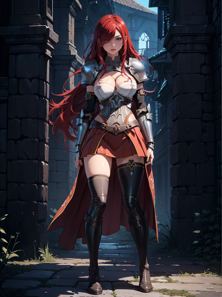 ((1girl, solo)), (((mature female))), beautiful body, (perfect anatomy, perfect body, perfect hands, perfect legs), (five fingers:1.5), natural proportions, sexy body, large breasts, cowboy shot BREAK
((extremely detailed face)), (beautiful detailed eyes:1.6), (realistic pupils, realistic iris:1), expressive eyes, looking at viewer, (clear eyes:1.3), (hyperrealistic:1.2), (detailed skin texture:1.2), smooth skin, (red hair:1.5), brown eyes, long hair, parted bangs, (hair over one eye:1.5), (detailed lips:1.2), (attractive lips:1.1), (glossy lips:1.1), (smile), parted lips, perfect face, perfect eyes BREAK
female knight, long sleeves, fantasy armor, (cleavage:1.3), breastplate, (shoulder armor:1), (arm guard:1.3), armor gloves, (micro mini skirt:1.5), zettai ryouiki, thighs, thighhighs, (greaves:1.3), armored boots, belt BREAK
(outdoors:1.5), (day:1.3), (town), trees, (shade of trees:1.2), medieval, (fantasy setting:1.5) BREAK
(masterpiece:1.5), anime-style, top quality, best quality, (beautiful and aesthetic:1.2), (ultra detail:1.5), Ultra-detailed depiction, Ultra-precise depiction, extremely detailed 8k illustration, high resolution, (highly detailed shading:1.2), (realistic lighting:1.4), perfect lighting, vibrant colors, dynamic tones, striking hues, 8k, absurd resolution, perfect shadows, hdr, UHD, ambient lighting, realistic, ultra-realistic, photo realistic, highly detailed, rich detail, luminous colors, fine texture, intricate design, professional illustration, (soft light:1.2), (illustration:0.7)
