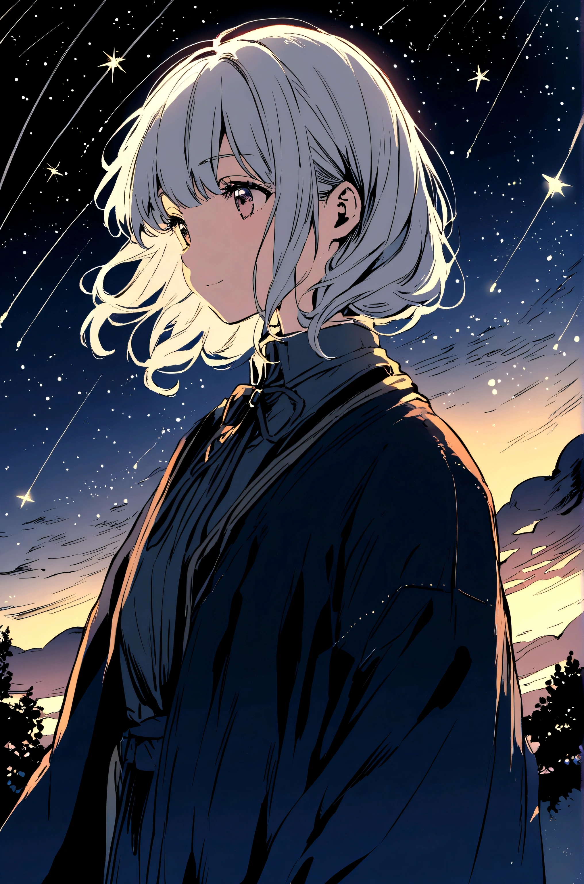 A silver-haired girl, Shooting star across the starry night sky.,Illustration style