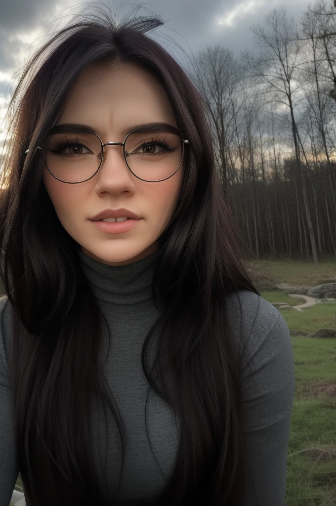 head shot, 1 girl, beautiful, sunset, beautiful sunset, cloudy, forest, nature walk,BREAK tight yoga pants, cord (turtleneck) sports well, aviator glasses, BREAK makeup, Straight hair, pale skin, White skin, White skin, BREAK
