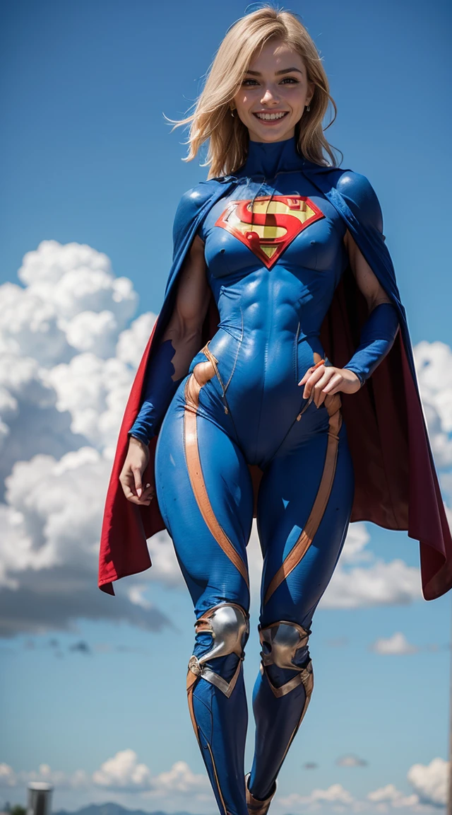 (Muscular:2.3), (thick thighs:1.9),
blonde female, (supergirl), (big smile:1.5), blunt bangs, (ponytail:0.7),
earrings, lipstick, eyeshadow,
hard nipples, large breasts,
(full body suit, blue bodysuit:1.8), (small cape:1.3),
looking at viewer, three quarter view, (upper body view:2),
(floating, in midair, sky and clouds background:1.3), rim lighting, two tone lighting, dim lighting, bokeh, detailed skin, detailed eyes