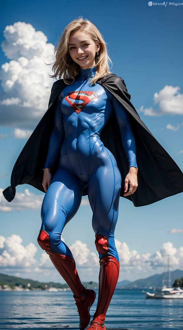 (Muscular:2.3), (thick thighs:1.9),
blonde female, (supergirl), (big smile:1.5), blunt bangs, (ponytail:0.7),
earrings, lipstick, eyeshadow,
hard nipples, large breasts,
(full body suit, blue bodysuit:1.8), (small cape:1.3),
looking at viewer, three quarter view, (upper body view:2),
(floating, in midair, sky and clouds background:1.3), rim lighting, two tone lighting, dim lighting, bokeh, detailed skin, detailed eyes