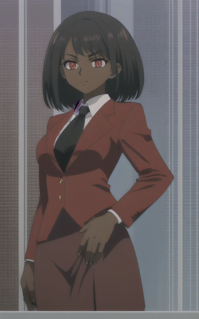 Dark skinned business women in a red blazer skirt suit with a blouse underneath with short black hair ceo