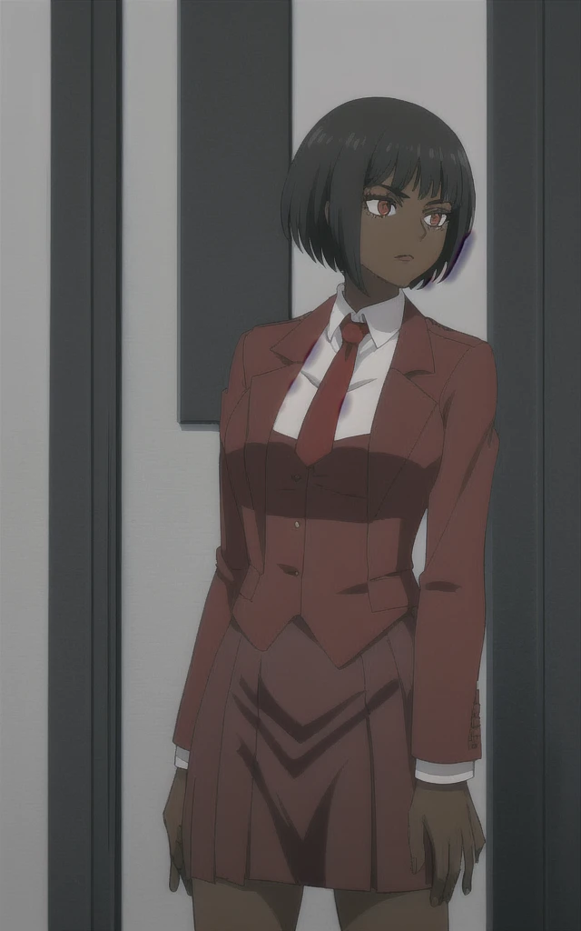 Dark skinned business women in a red blazer skirt suit with a blouse underneath with short black hair