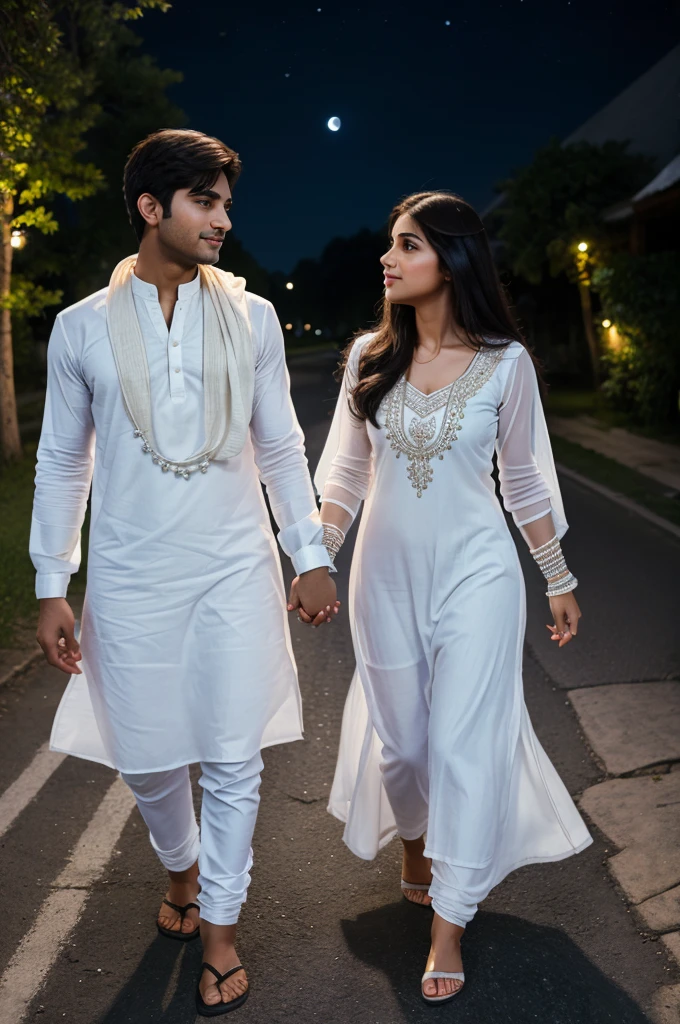 A girl and a boy walking in the heavy rain and holding umbrella. The boy wears a jeans and white shirt. The girls wears a kurta. Both of them a looking each other very romantically. Boy is holding umbrella by his hand.