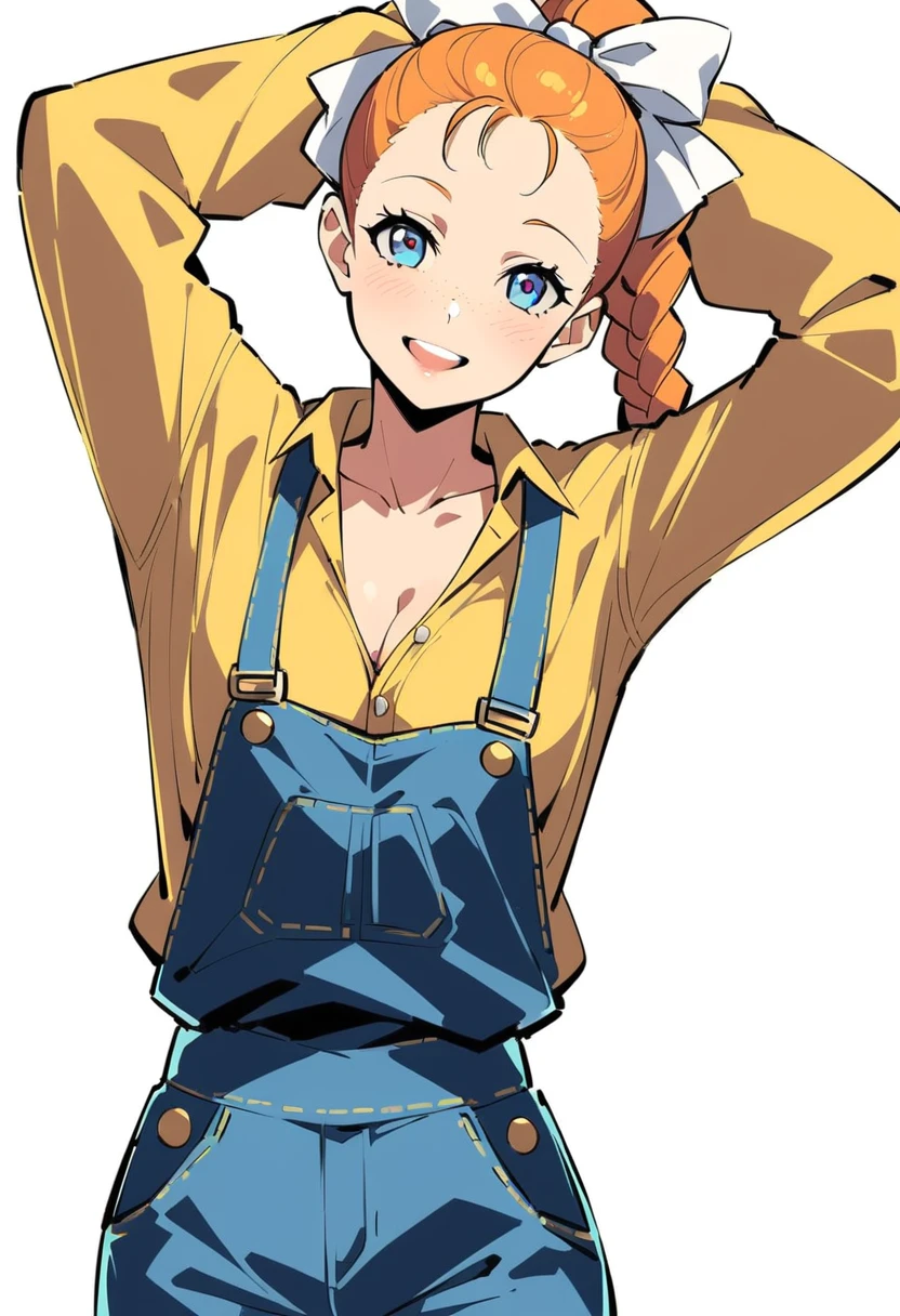 pewarnaan character, visual illustration, aged up, @ANN, ann \(harvest moon\), ran \(bokujou monogatari\), braided ponytail, single braid, forehead, 1girl, solo, (overalls), white background, (blue overalls), smile, blue eyes, simple background, looking at viewer, breasts, arms up, long sleeves, yellow shirt, orange hair, blonde hair, cowboy shot, collarbone, collared shirt, cleavage, denim, upper teeth only, long hair, medium breasts, standing, arms behind head, teeth, oversized clothes, partially unbuttoned, pants, oversized shirt, buttons, head tilt, flat chest, hair bow, white bow, tomboy, round teeth, plaid shirt, denim overalls, mature female, tall, tall female, slim body, freckles, highres, 4k, 8k