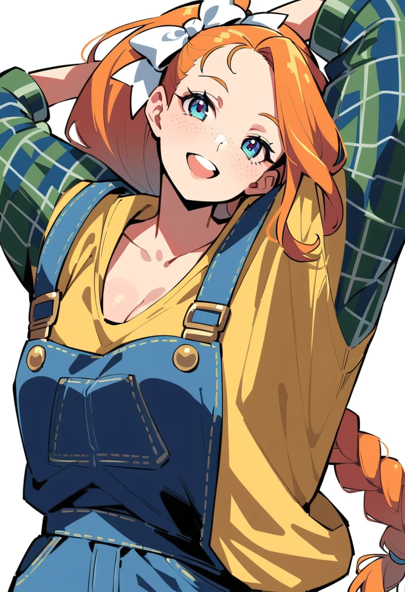 pewarnaan character, visual illustration, aged up, @ANN, ann \(harvest moon\), ran \(bokujou monogatari\), braided ponytail, single braid, forehead, 1girl, solo, (overalls), white background, (blue overalls), smile, blue eyes, simple background, looking at viewer, breasts, arms up, long sleeves, yellow shirt, orange hair, blonde hair, cowboy shot, collarbone, collared shirt, cleavage, denim, upper teeth only, long hair, medium breasts, standing, arms behind head, teeth, oversized clothes, partially unbuttoned, pants, oversized shirt, buttons, head tilt, flat chest, hair bow, white bow, tomboy, round teeth, plaid shirt, denim overalls, mature female, tall, tall female, slim body, freckles, highres, 4k, 8k