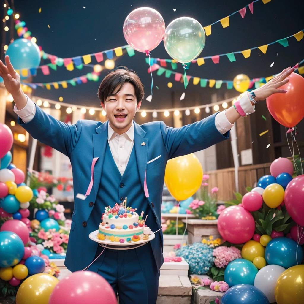 Create a creative and imaginative image of a kind-looking consul man wearing blue clothes and holding a birthday cake. Set him in an unconventional and whimsical setting, such as a magical garden with floating candles and colorful confetti raining down, or a fantastical realm where cakes are giant and candles dance with music. Infuse the image with elements of wonder and celebration, showcasing his role as a bringer of joy and connection.Surround the kind-looking consul man with a vibrant and lively background, such as a festive party scene with balloons, streamers, and joyful guests celebrating. Enhance the atmosphere with bright colors and dynamic elements that symbolize happiness and festivity, creating a visually striking and joyful image.