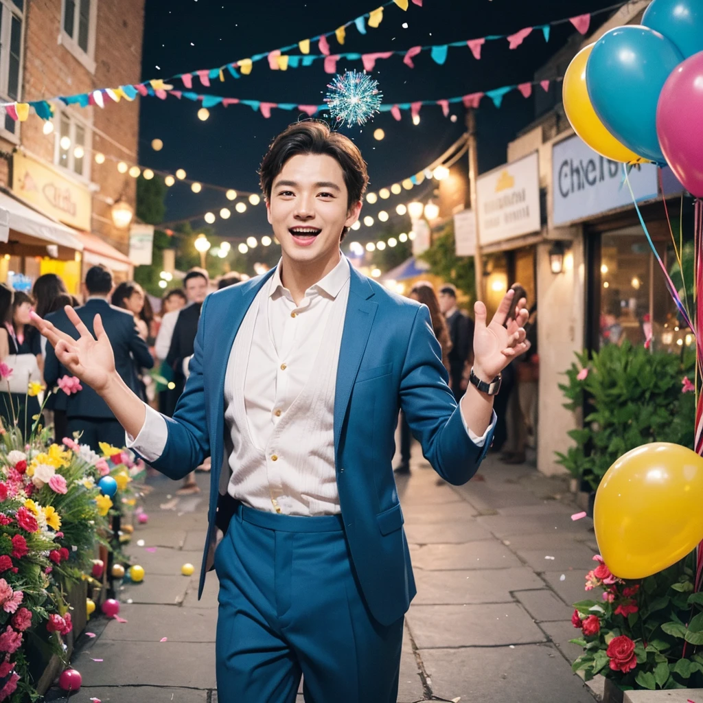Create a creative and imaginative image of a kind-looking consul man wearing blue clothes and holding a birthday cake. Set him in an unconventional and whimsical setting, such as a magical garden with floating candles and colorful confetti raining down, or a fantastical realm where cakes are giant and candles dance with music. Infuse the image with elements of wonder and celebration, showcasing his role as a bringer of joy and connection.Surround the kind-looking consul man with a vibrant and lively background, such as a festive party scene with balloons, streamers, and joyful guests celebrating. Enhance the atmosphere with bright colors and dynamic elements that symbolize happiness and festivity, creating a visually striking and joyful image.