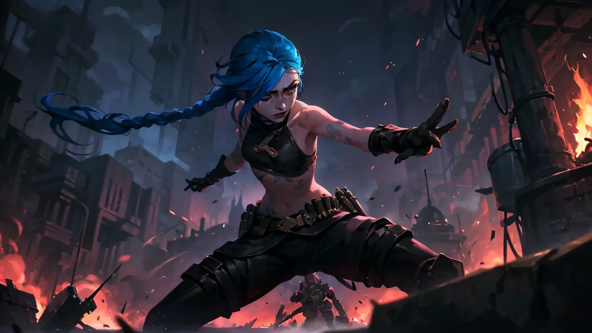 (masterpiece, Best quality), 1 girl, portrait very detailed face,, very sexy, crazy look, smile, crying, pink tears, tears on the cheeks, tears from eyes, full length (full body 1.1.), очень feminine, fighting stance, battle, fire, explosions, burning city, Beautiful waist, gloomy composition, flame, fire, Flash, very beautiful, feminine, long hair, hair braided in long braids, very sexy, tight leather pants, emphasis on the eyes, emphasis on the face, Beautiful face, Hands, Hair, Haired ponytail, red purple eyes, Джинкс crying, Blue cloud tattoo, (masterpiece, Best quality), Side lighting, beautiful detailed eyes, crazy face), (Best quality), (masterpiece), magic photography, Spectacular lighting, Photorealism, ultra detailed, intimate portrait composition, 1. 4,8 k UHD, aesthetic, Cd., A high resolution, 8 k, better lighting, Best shade, Ultra-HD, A high resolution, sharp focus, Complex background, Cinematic lighting, ((Landscape view)), 4K block, (better lighting), ((Cinematic lighting)),