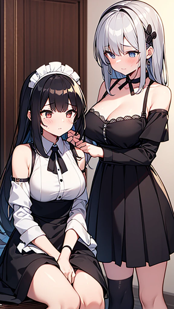 ((masterpiece)), (Highest quality、32k), (Simple style), (Faceless,Face peeling), 2 Girls, The maid and the lady whose face was torn off, Big Breasts, Big Swing Chest, Wearing a face stolen from someone else, Sexy body, Sleeveless, No sleeve, Off the shoulder, Black Dress, Pleated lace, Lace dress, black knee socks. Standing, whole body, both hands touch the face, Luxurious Room, {{A young lady who used her face-peeling ability to peel off the face of a young lady, leaving her face blank, and a maid who transplanted the peeled face onto her own face.}}, Browsing Caution