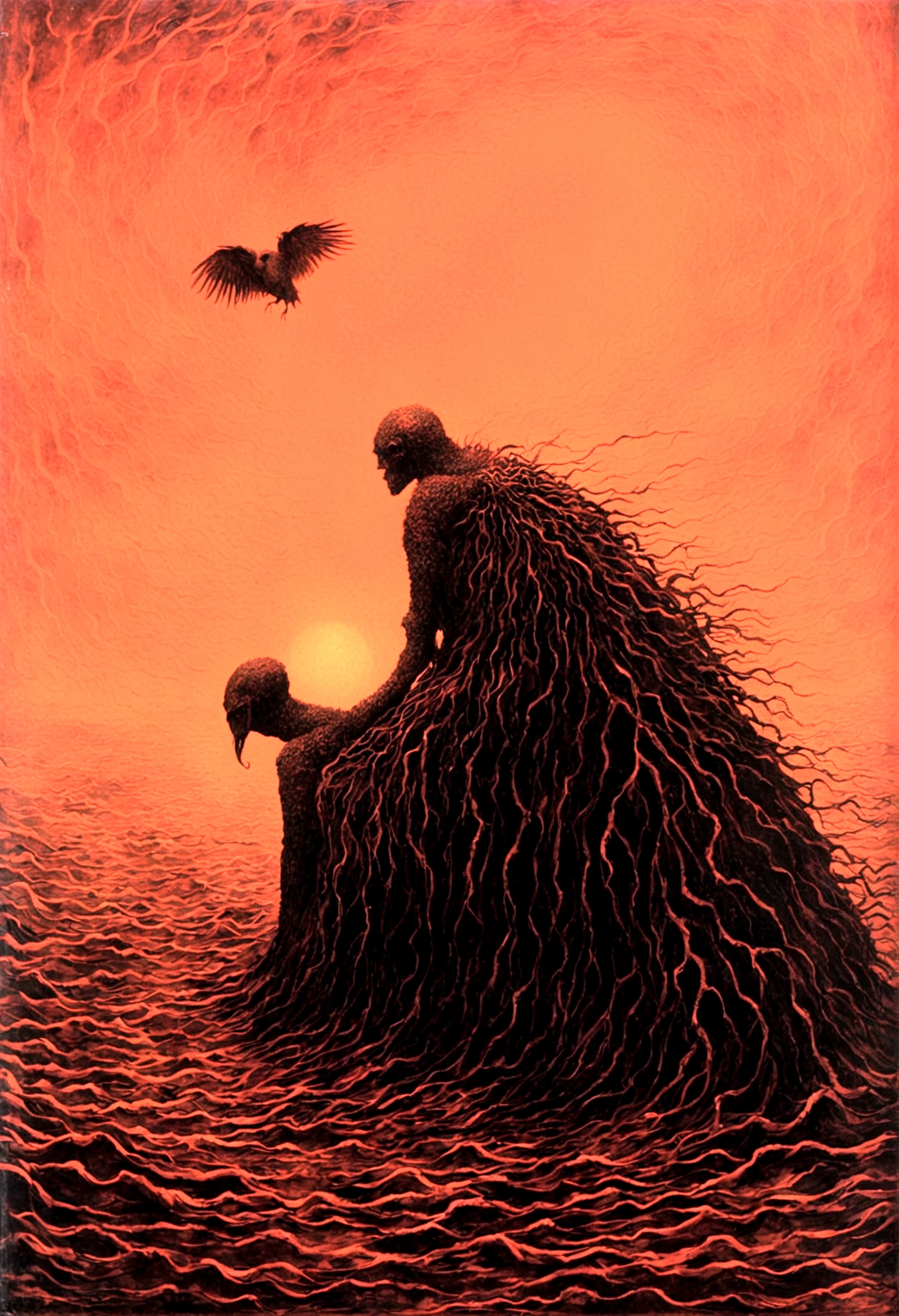 Mythical creatures, author：Zdzislaw Beksiński and Vincent Van Gogh, Album cover, romantic, Surrealism, Futuristic ,微笑むredちゃん,  dark, red