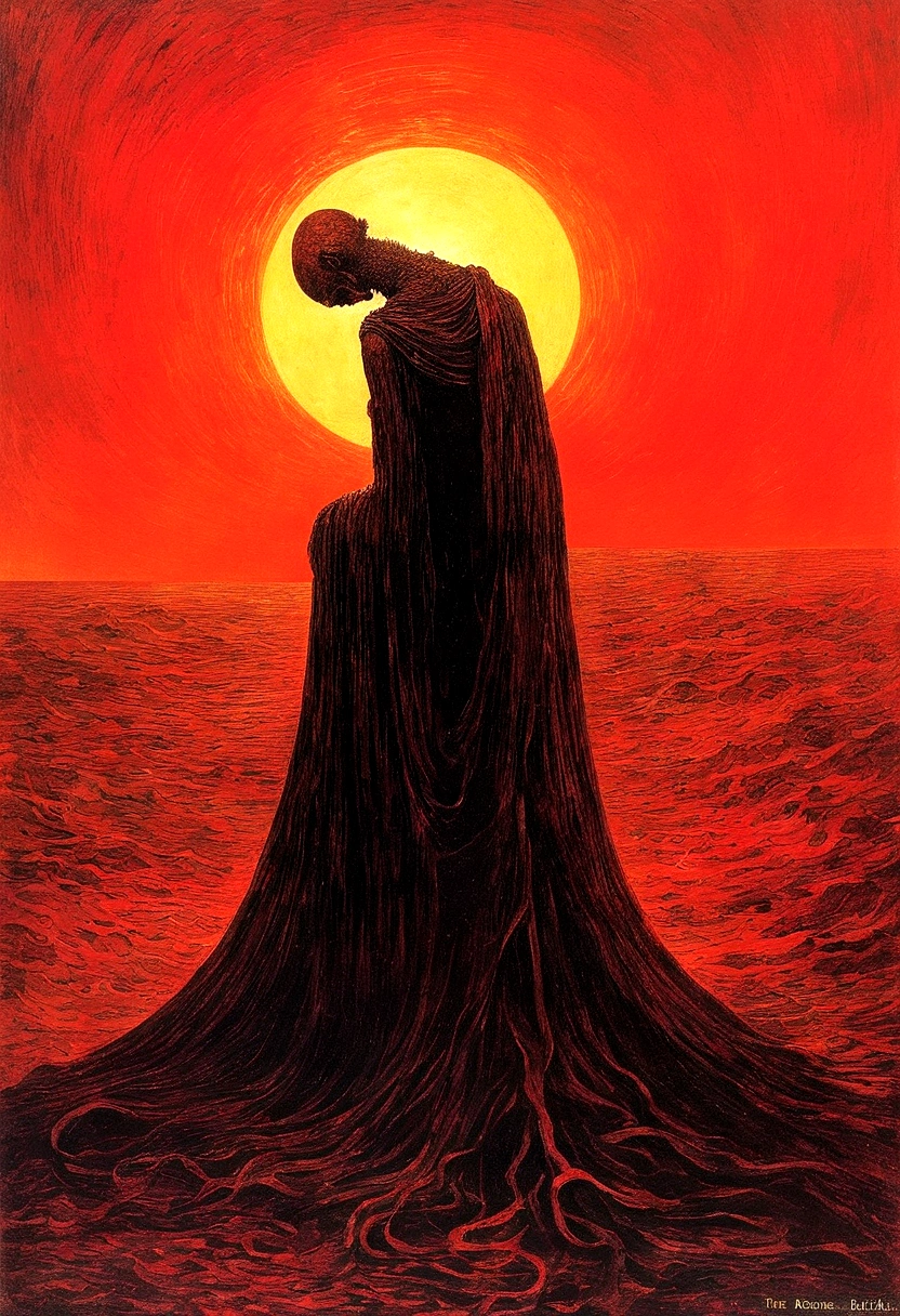 Mythical creatures, author:Zdzislaw Beksiński and Vincent Van Gogh, Album cover, romantic, Surrealism, Futuristic ,微笑むredちゃん, dark, red