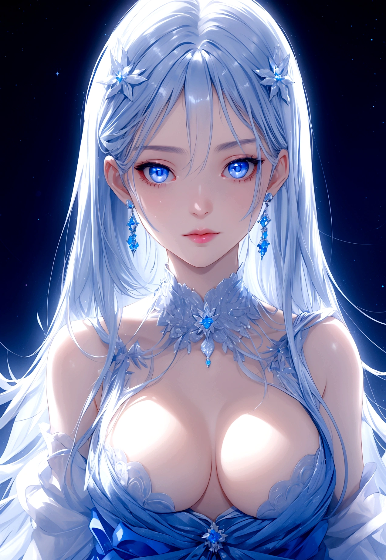 The woman had silver hair, que brillaba al sol, y ojos azules brillantes que brillaban como diamantes. Her figure was wrapped in a flowy dress., mientras alas plateadas brotaban de su espalda. On her head was a diamond crown that shone even in the shadows..