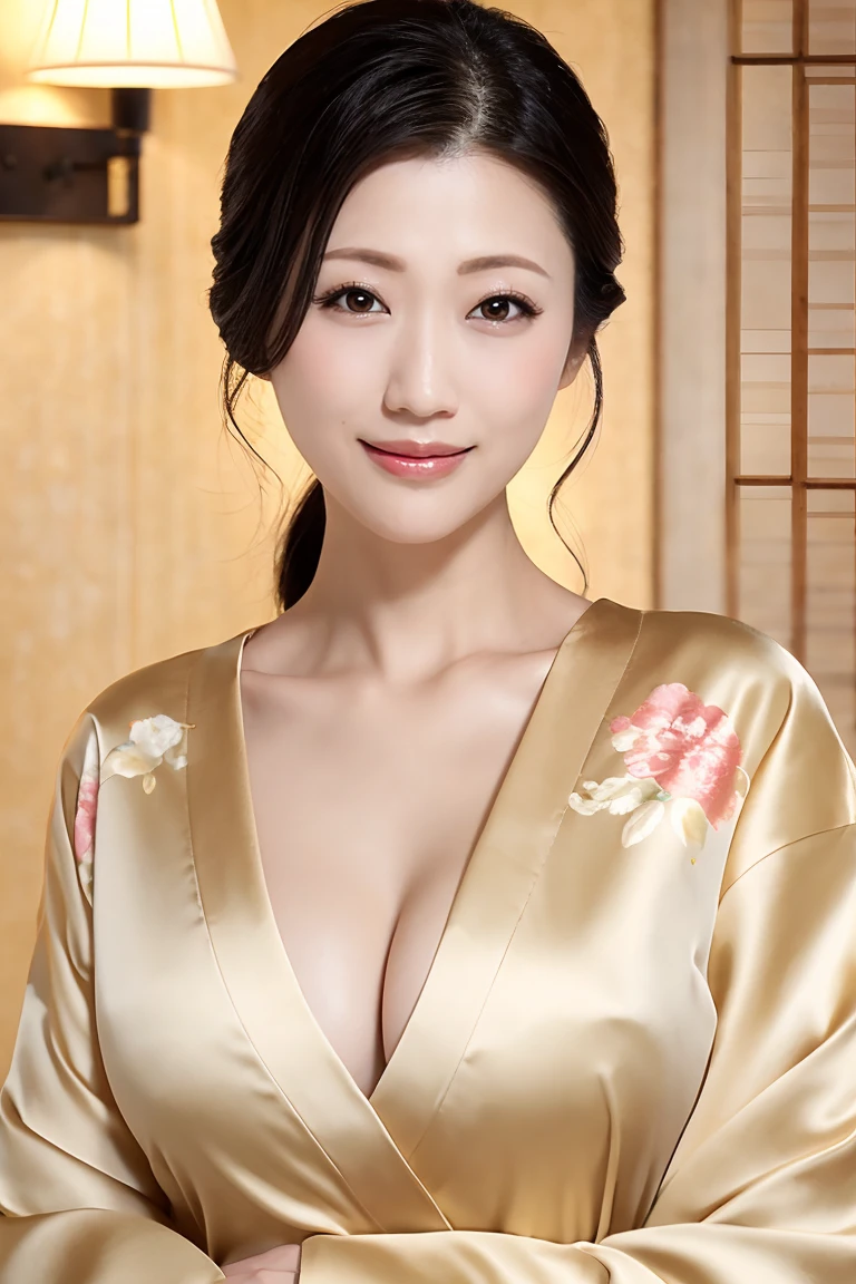 (Nsfw1.5), (Highest quality、Tabletop、8K、Best image quality、Award-winning works)、(One beautiful mature woman:1.1)、(Innkeeper:1.1)、(Elegant floral kimono:1.2)、Perfect mature woman portrait photo、Glowing Skin、Standing Elegantly、Face close-up、(Blurred elegant luxury hotel background:1.3)、Glowing White Skin、Very white skin、(Voluptuous body:1.1)、(Large Breasts:1.2)、(Accentuate your body lines:1.1)、The most graceful posture、(showing nipples 1.1)