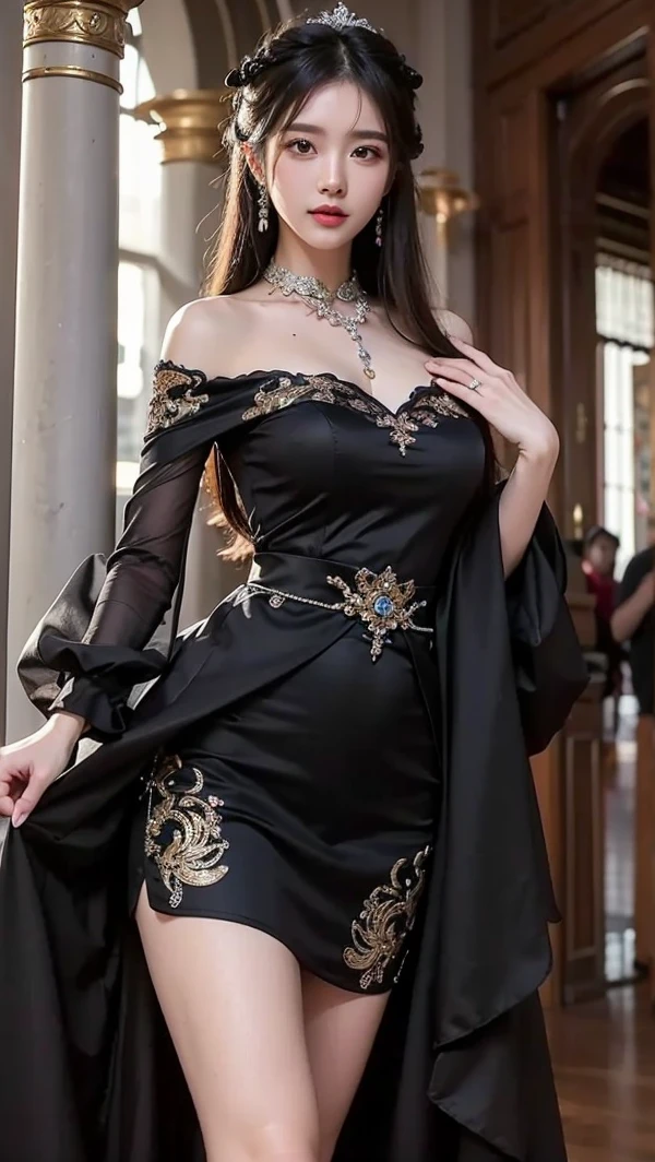Beautiful Chinese waifu, early 30s, brunette hair, black off shoulder evening dress