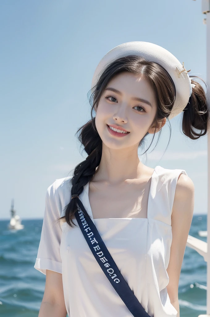 (((best quality))),(((ultra detailed))),(((masterpiece))),illustration,((1 beautiful girl,solo)),((slim,thin)),((small breasts,flat chest)),(White large brimmed hat:1.3),(short ponytail:1.2),((blue sailor uniform)), (( on aircraft carrier,warship)),summertime, day scene, vast ocean, blue sky, radiant smile, youthful charm, beautifully tailored uniform, white collars, cuffs, red ribbon, white hat, anchor symbol, marine-inspired attire, strength, power, ((fighter jets)), sleek design, powerful engines, awe, wonder, opportunities, possibilities, sun, warm glow, joy, excitement, vibrant smile, captivating surroundings, picturesque moment, summer beauty, ocean strength, human ingenuity, endless possibilities,((from front,upper body))