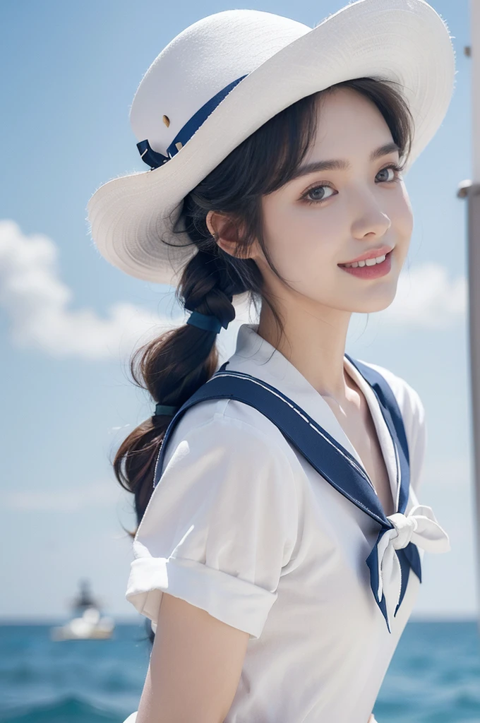 (((best quality))),(((ultra detailed))),(((masterpiece))),illustration,((1 beautiful girl,solo)),((slim,thin)),((small breasts,flat chest)),(White large brimmed hat:1.3),(short ponytail:1.2),((blue sailor uniform)), (( on aircraft carrier,warship)),summertime, day scene, vast ocean, blue sky, radiant smile, youthful charm, beautifully tailored uniform, white collars, cuffs, red ribbon, white hat, anchor symbol, marine-inspired attire, strength, power, ((fighter jets)), sleek design, powerful engines, awe, wonder, opportunities, possibilities, sun, warm glow, joy, excitement, vibrant smile, captivating surroundings, picturesque moment, summer beauty, ocean strength, human ingenuity, endless possibilities,((from front,upper body))
