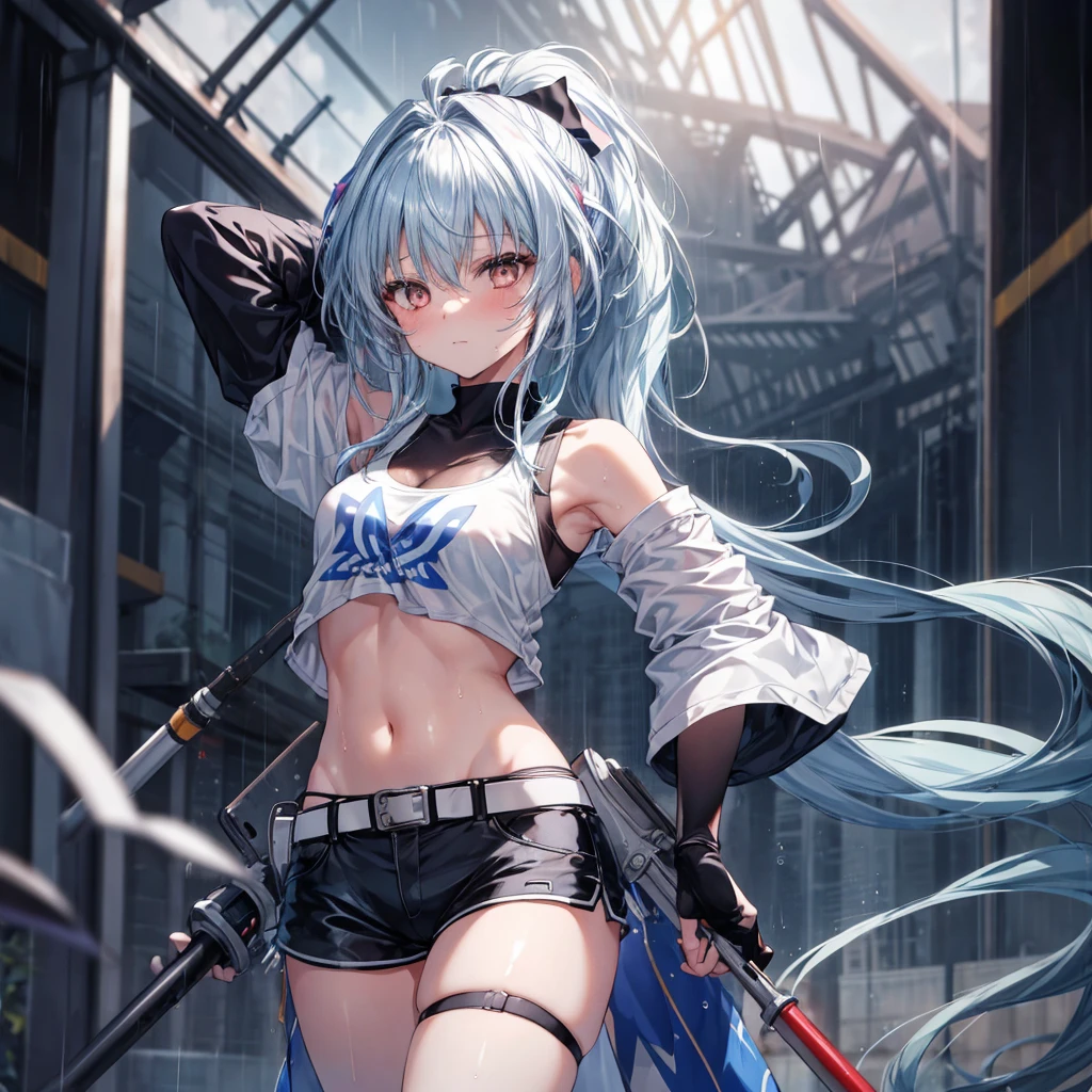 ((Highest quality)), ((masterpiece)), ((detailed)), (4K), a girl with blue hair and a top with short sleeves holding a screw driver, 1girl, 独奏, long hair, blue hair, navel, gloves, shorts, breasts, sweat, wrench, short shorts, very long hair, underwear, panties, holding, belt, arm up, ponytail, small breasts, blurry background, gray sky, rain, looking at viewer, black gloves, white panties, sports bra, wiping sweat, bow, bare shoulders, bangs, cowboy shot, yellow eyes, midriff, hair bow, (expressionless)