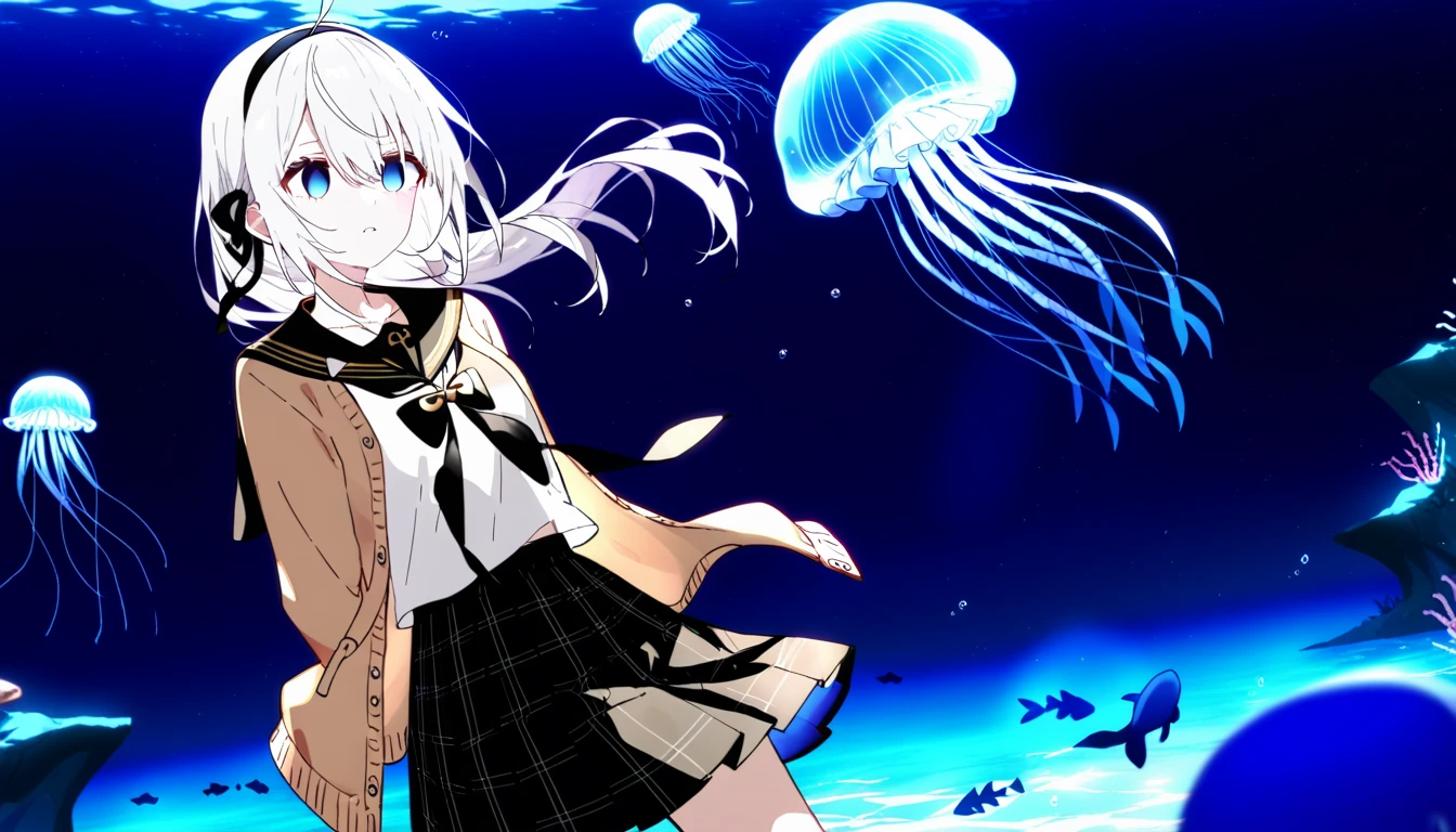 1girl, ciloranko:1.1, noyu \(noyu23386566\), wanke, minato_ojitan, (z282g:1.3), studio anime, anime screencap, official art, absurdres, best quality, perfect anatomy, newest, new, empty eyes, 1girl, skirt, long hair, blue eyes, shirt, sailor collar, jellyfish, cardigan, white hair, white shirt, long sleeves, , open cardigan, pleated skirt, hair between eyes, plaid, plaid skirt, underwater, bubble, solo, neck ribbon, black ribbon, parted lips, ahoge, ribbon, open clothes, dragon, fish, serafuku, blue theme, water, black skirt, collarbone