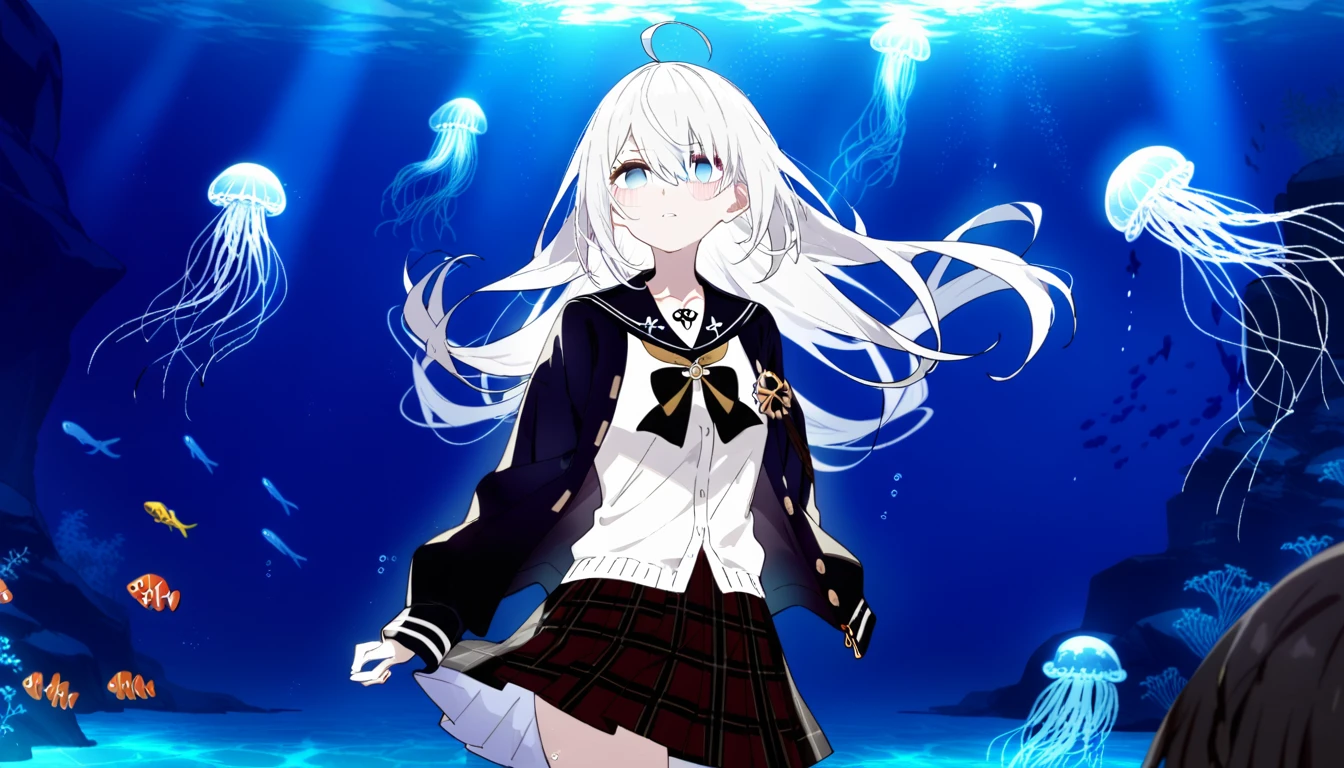 1girl, ciloranko:1.1, noyu \(noyu23386566\), wanke, minato_ojitan, (z282g:1.3), studio anime, anime screencap, official art, absurdres, best quality, perfect ???????, newest, new, empty eyes, 1girl, skirt, long hair, blue eyes, shirt, sailor collar, jellyfish, cardigan, white hair, white shirt, long sleeves, , open cardigan, pleated skirt, hair between eyes, plaid, plaid skirt, underwater, bubble, solo, neck ribbon, black ribbon, parted lips, ahoge, ribbon, open clothes, dragon, fish, serafuku, blue theme, water, black skirt, collarbone