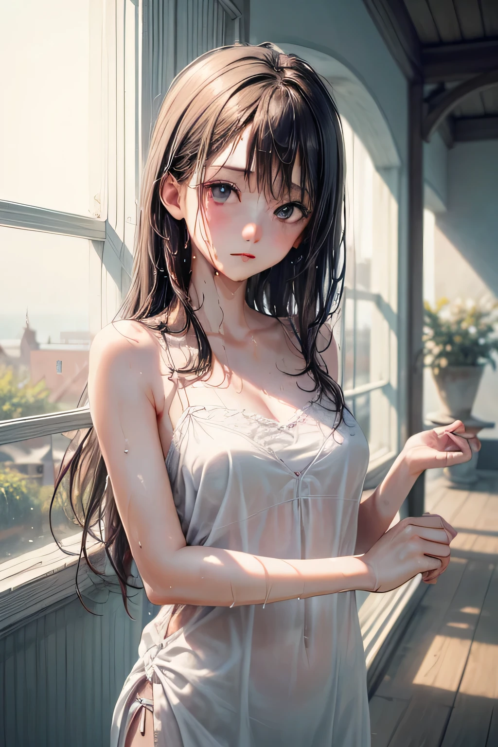 (Highest quality,4K,High resolution,masterpiece:1.2, Beautiful ultra-detail),pretty girl, whole body, Standing in an outdoor garden, Bare shoulders, Bare arms, Slender body, (White camisole), Droopy eyes,(Delicate eyelashes, Dark Eyes), Beautiful lip detail, Highly detailed eyes and face, Staring with a shy face, (Coquettish, Red cheeks), (White wall:1.2),(Bright windowsill:1.1),(Serene atmosphere),(Semi-long hair, Wet Hair, ),(Breeze),(Heavenly Beauty),(Calm expression),(Beautiful Morning),(Peaceful atmosphere),Photographed from the front