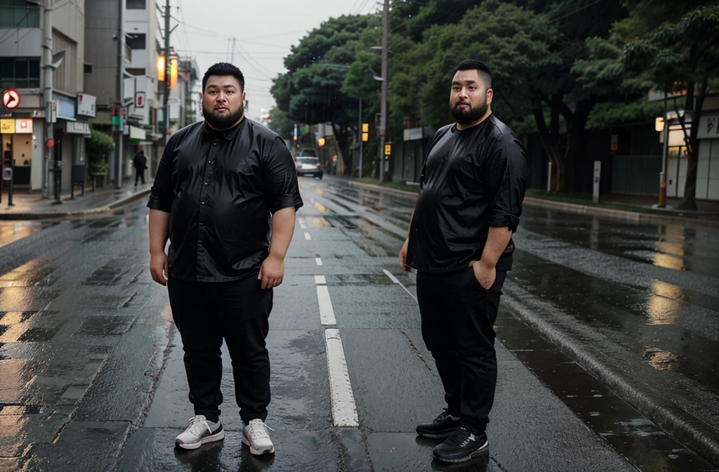 a 29-year-old Japanese chubby, wearing black pants, stands by the road. stocky chubby thick short beard very short hair rain