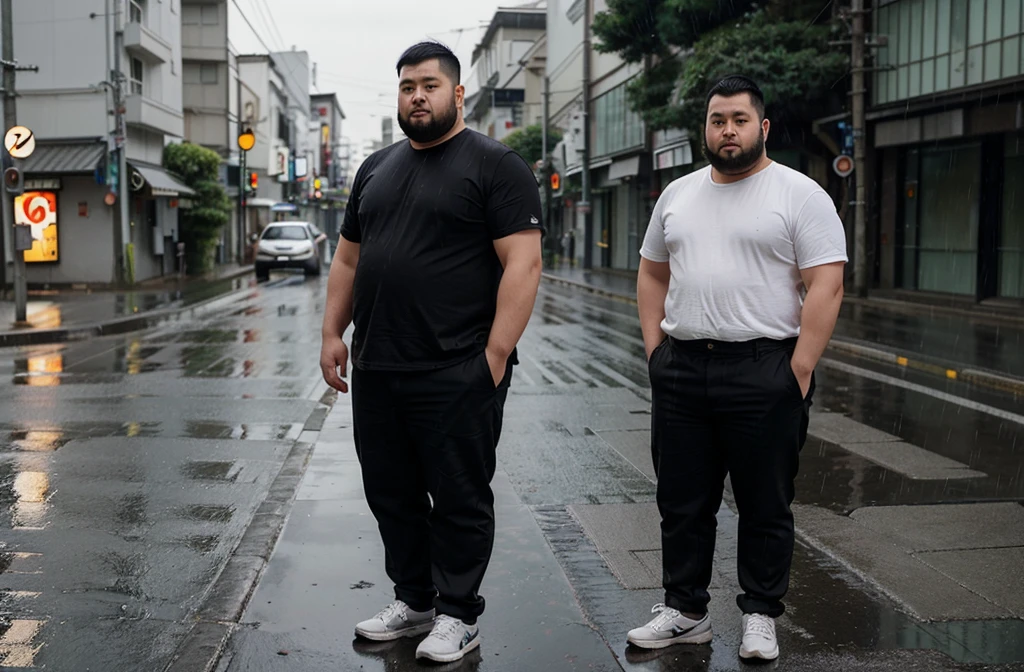 a 29-year-old Japanese chubby, wearing black pants, stands by the road. stocky chubby thick short beard very short hair rain