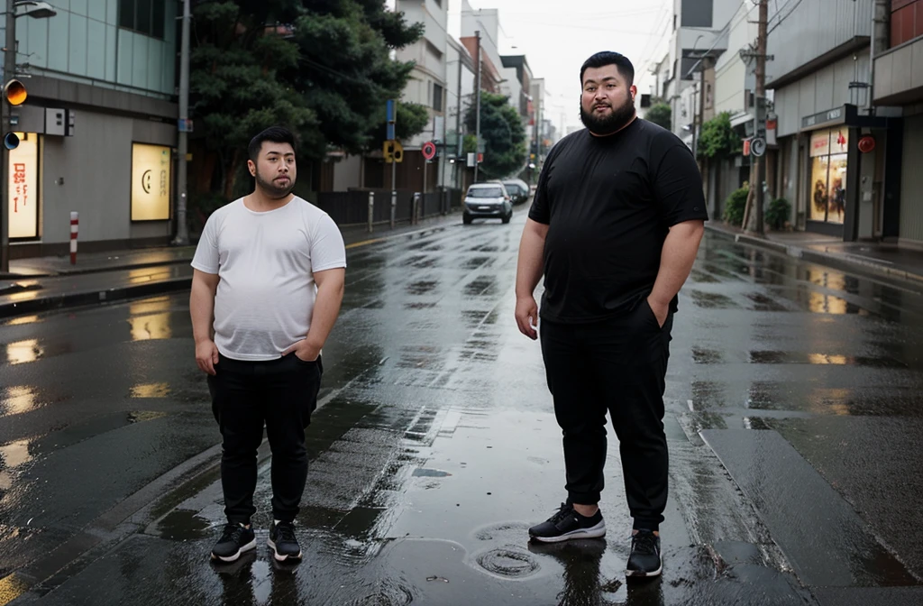 a 29-year-old Japanese chubby,  wearing black pants,  stands by the road. stocky chubby thick 　short beard　very short hair　rain