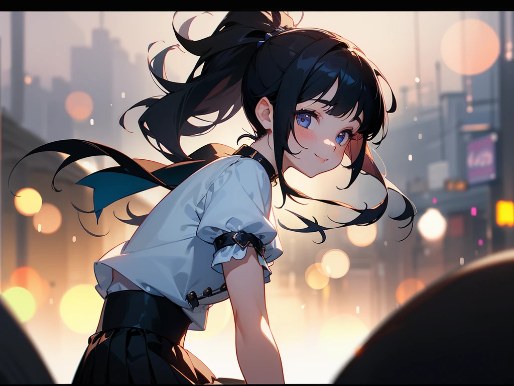 female, 1girl, solo, white shirt short sleeve, collar shirt, black pleated skirt, from side view, cowboy shot, night, (bokeh:1.3), street, looking at viewer, cute face, black hair, ponytail, puffy sleeve, (fantasy theme:1.3), smile, sweet, lovely face, teenage,