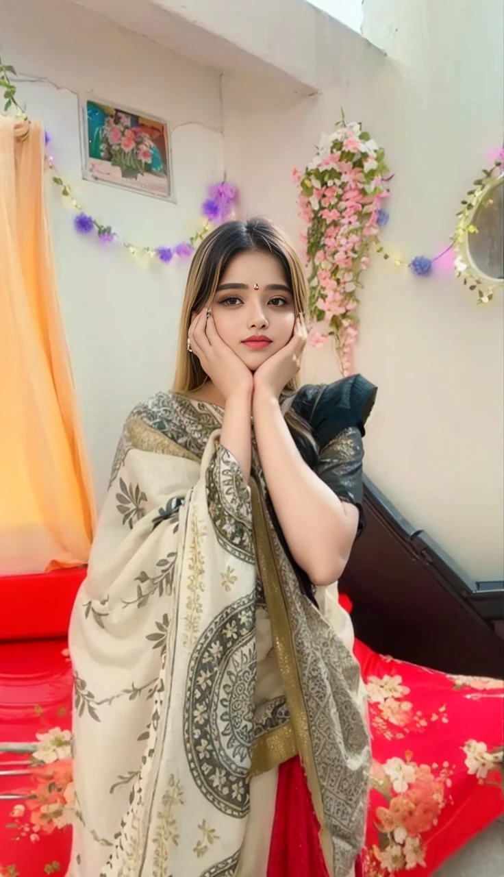 (((desi girl))), chubby face, natural skin, wearing hot deep neck top and dupatta, charming black hair, ((hair ends are blonde)), city streets background, bokeh