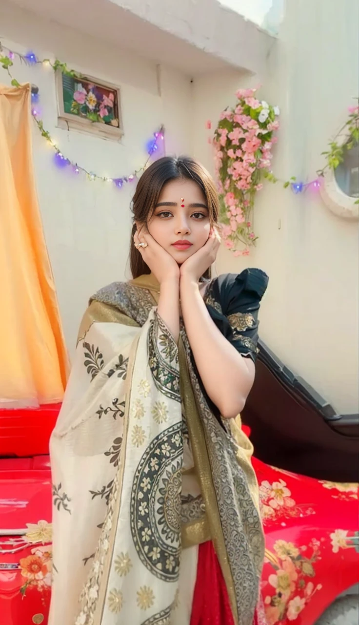 (((desi girl))), chubby face, natural skin, wearing hot deep neck top and dupatta, charming black hair, ((hair ends are blonde)), city streets background, bokeh